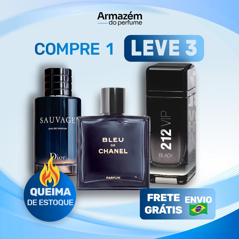3 Perfumes Masculinos TESTER (100ml) - 212 VIP Black | Bleu de Chanel | Sauvage (5 Anos Armazém do Perfume)